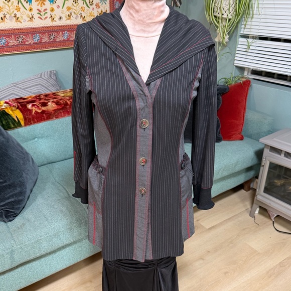 Vintage Jackets & Blazers - Vintage LanVie Black Pinstripe Hooded Lightweight Black Red Jacket Pinstripe 6